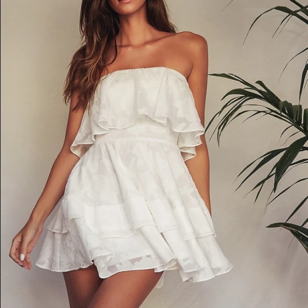 True Lover White Ruffled Strapless Mini Dress